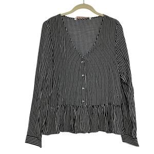 Zara Trafaluc Black & White Striped Long Sleeve Peplum Hem Button Front Shirt L